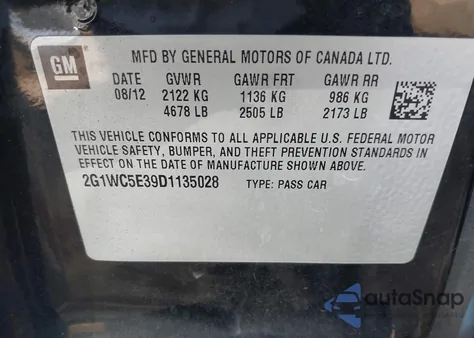 2012 Chevrolet Impala Lt из США, поврежденный, VIN 2G1WG5E35C1315528